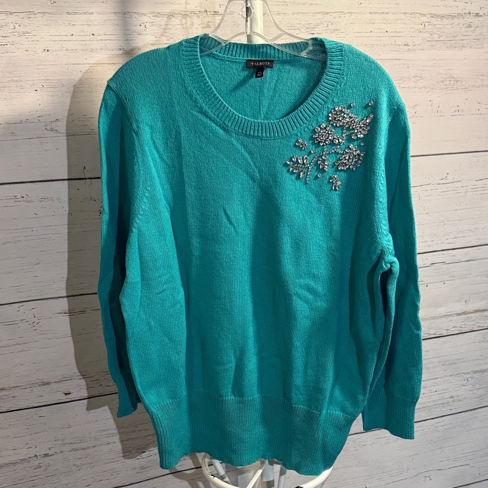 Talbots Teal Green Embellished Crew Neck Sweater Women’s XL Cotton Cashmere Blen